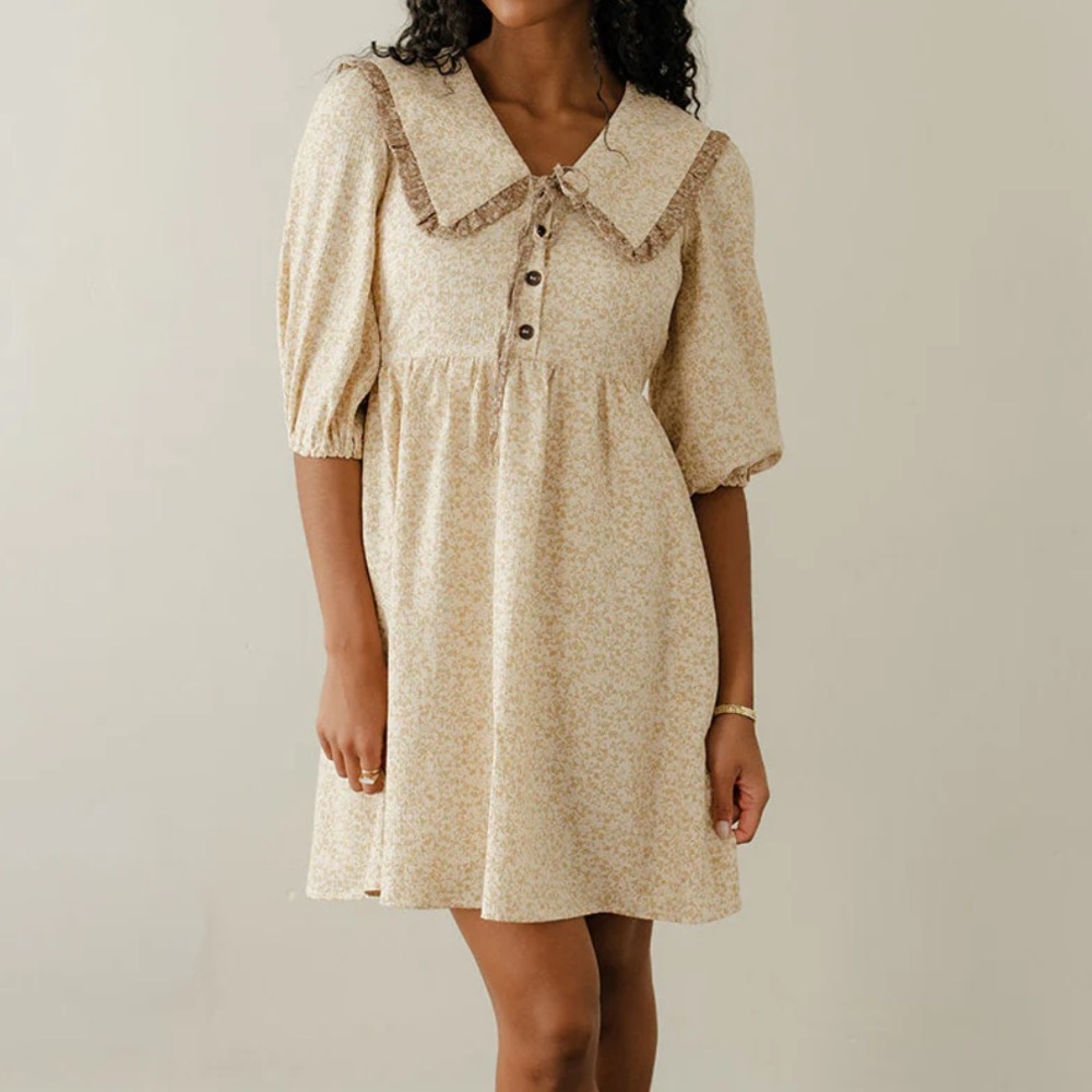 SALE Polagram Cream Floral Dress with Brown Accents
